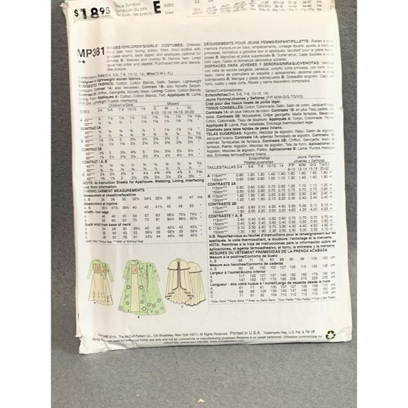 McCalls Costumes Kids Frozen-Inspired Sewing Pattern MP381 Sz 3-14 - Picture 2 of 2